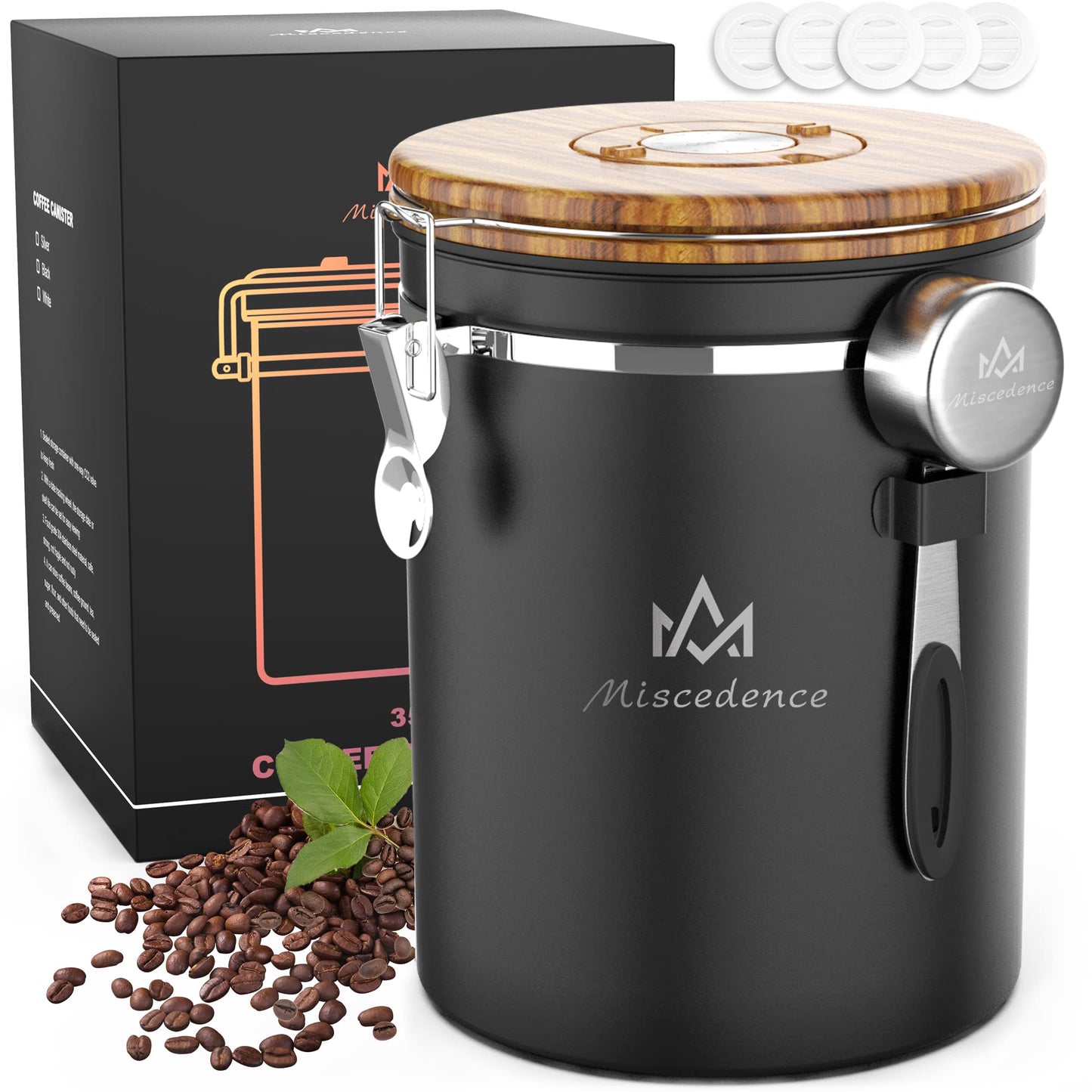 Miscedence 35OZ Coffee Canister for ground coffee with Date Tracker,Wood grain lid 304 Stainless Steel Kitchen Food Airtight storage container for Coffee Beans or Grounds, Tea, Sugar(35oz-grain)