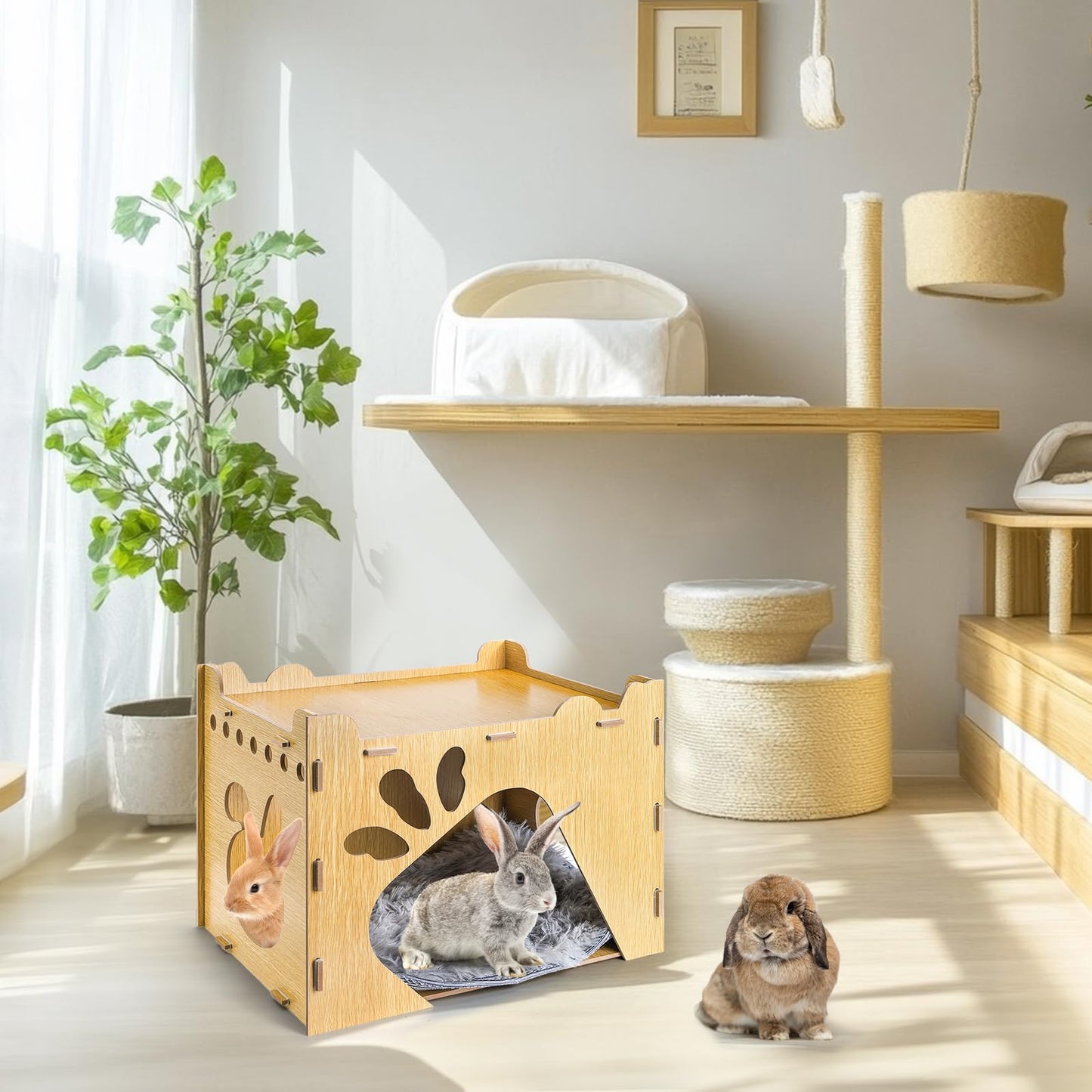 Yesland Rabbit Hideout Castle, Large Wooden Bunny Houses and Hideouts with Pet Pad, Detachable Small Animal Play Hideaway Hut and Playhouse for Indoor Bunnies Guinea Pig Hamster Chinchilla Gerbi