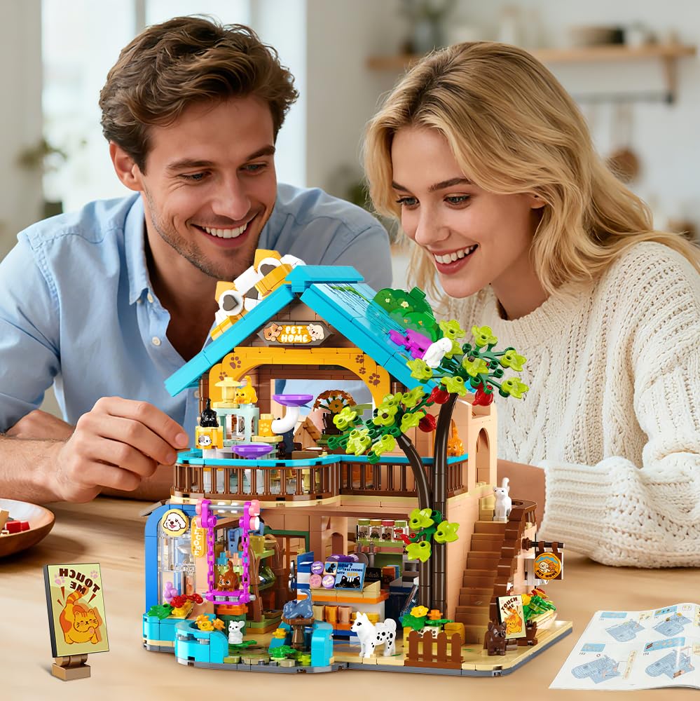 INSOON City Pet Shop Building Set with Lights, Cozy Pet House Construction Toy with Cats Dogs Rabbit, 1431 PCS Cute Animal Store Miniature Model Building Block Kit for Adults Kids Boys Girls Ages 12+