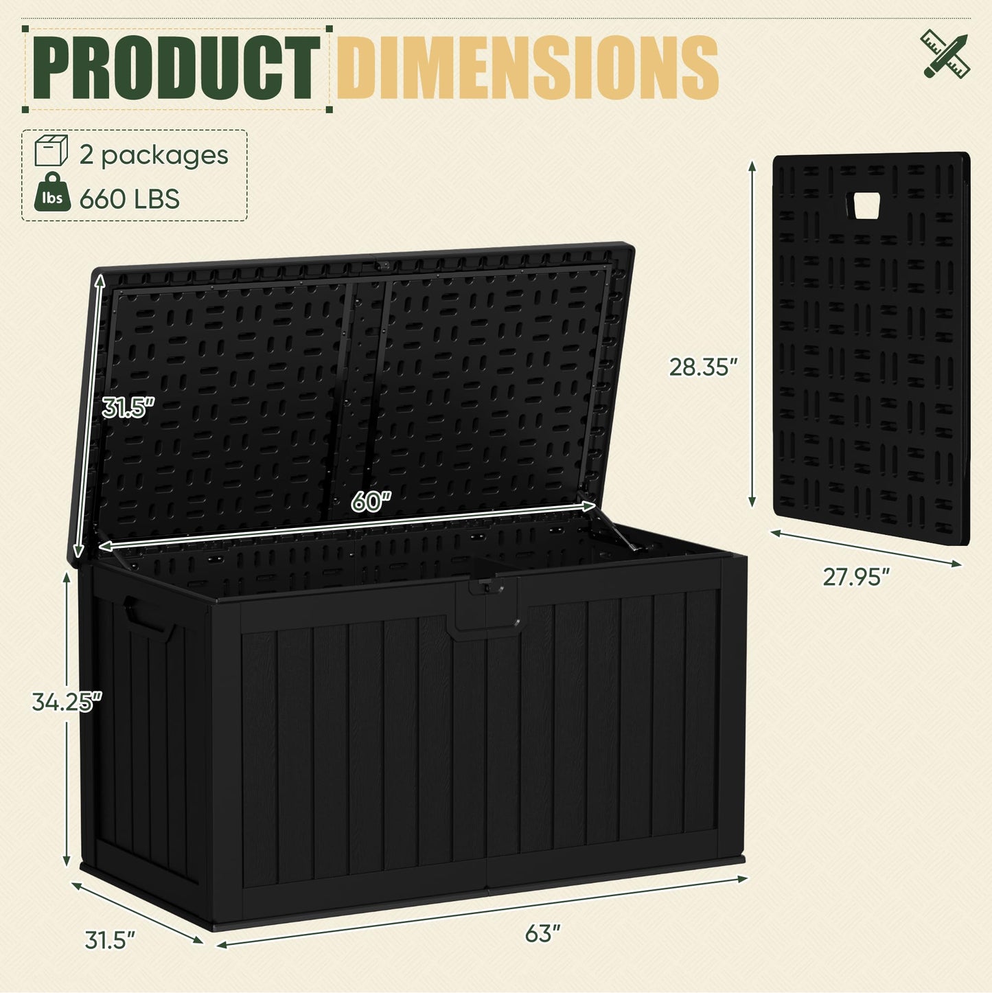 JUMMICO 250 Gallon Outdoor Resin Deck Box with Divider, Waterproof Storage Box with Lockable Lid&Side Handles for Garden Tools, Pools Supplies (Black)