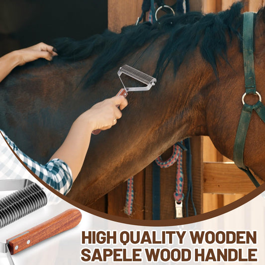 Abbylike Large Horse Brush Deshedding Tool Horse Goats Cow Brush for Shedding Cattle Livestock Comb for Grooming Dematting Supplies with 27 Stainless Steel Blades and Wood Handle