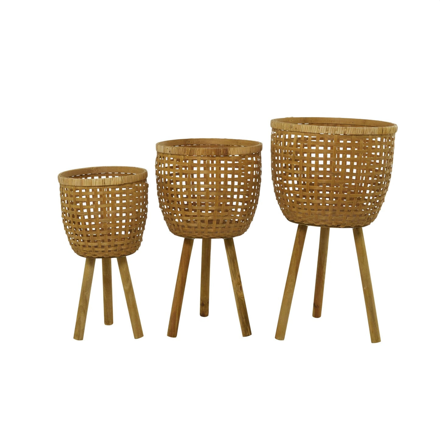 Deco 79 Bamboo Wood Handmade Indoor Planter Woven Basket Large Planter Pot with Wooden Tripod Legs, Set of 3 Planters 26", 23", 20"H, Brown