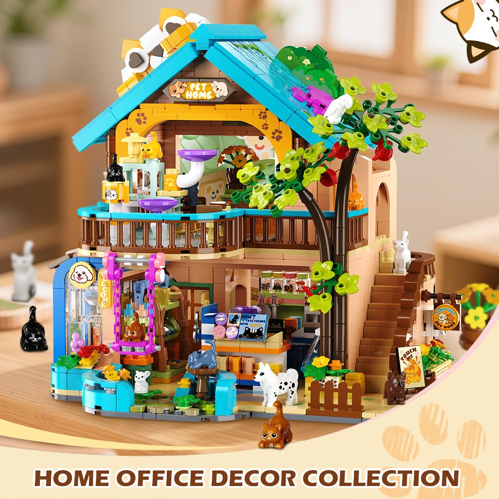 INSOON City Pet Shop Building Set with Lights, Cozy Pet House Construction Toy with Cats Dogs Rabbit, 1431 PCS Cute Animal Store Miniature Model Building Block Kit for Adults Kids Boys Girls Ages 12+