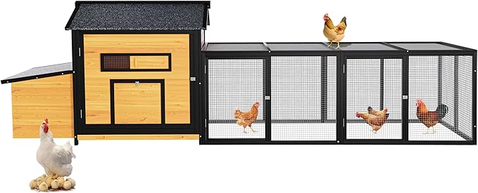 118" Large Wood Chicken Coop,Outdoor Hen House with Nesting Box Poultry Cage,Oversized Enclosed Run,Hen Coop with Leak-Proof Pull-Out Tray,Asphalt Roof & Free-Range Doors,Black+Gold