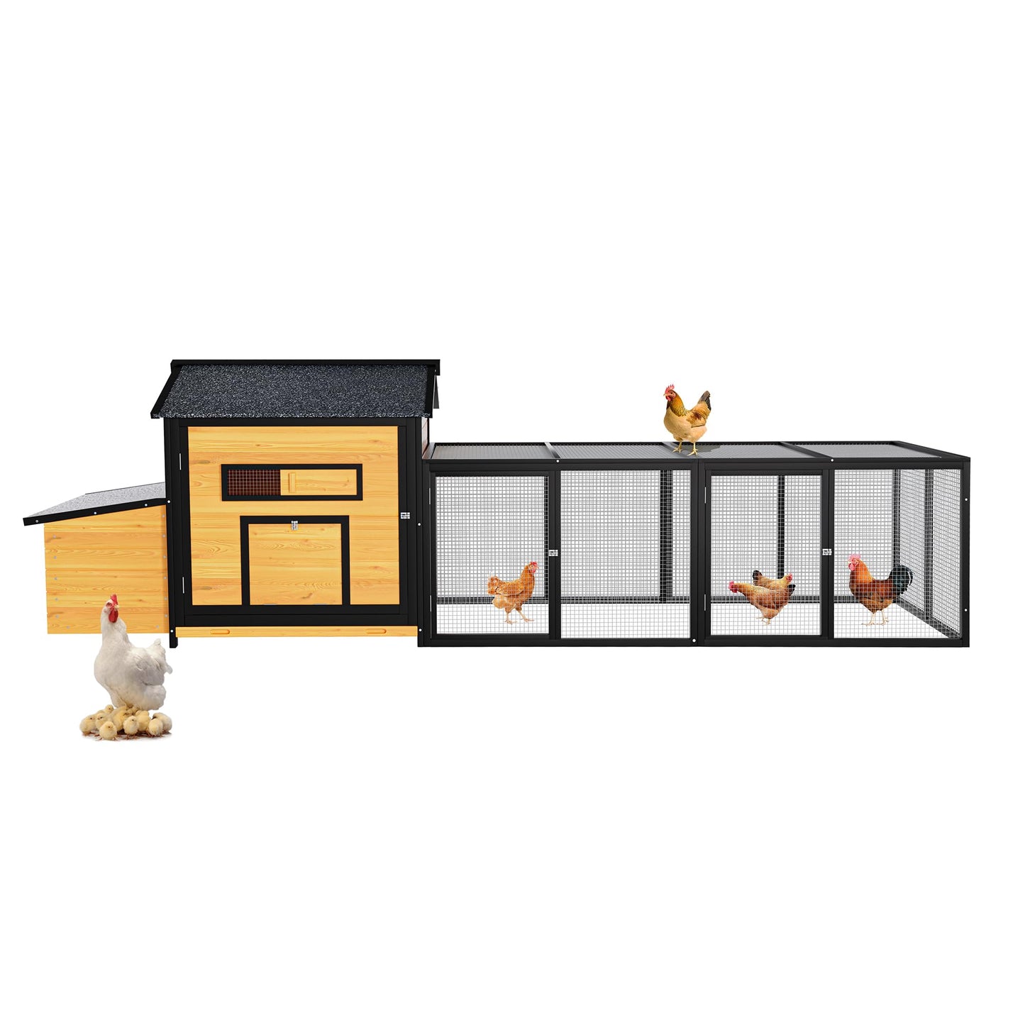 YOPTO 118" Large Wood Chicken Coop,Outdoor Hen House with Nesting Box Poultry Cage,Oversized Enclosed Run,Hen Coop with Leak-Proof Pull-Out Tray,Asphalt Roof & Free-Range Doors,Black+Gold