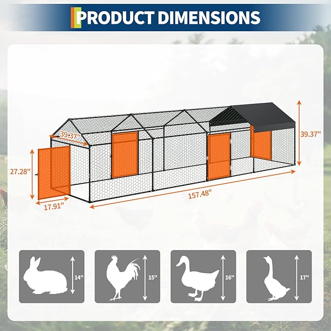 Large Metal Chicken Coop 13.3' x 3.3" x 3.3" Chicken Runs with Waterproof and Anti-UV Cover,3 Doors,Outdoor Hen House for Yard, Walk in Poultry Cage for Rabbit Duck Goose