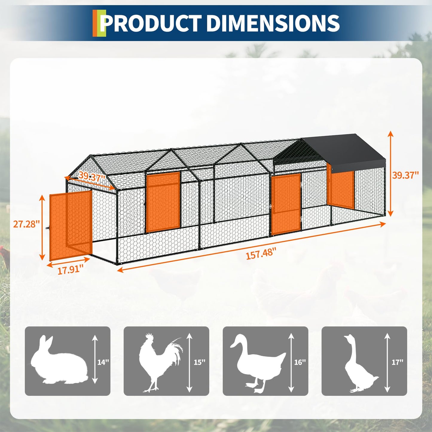 Metal Chicken Coop,160" x40x40 Heavy Duty Walk-in Chicken Runs with Waterproof and Anti-Uv Cover,Portable Poultry Cage Hen House Outdoor Backyard Farm Playpen Exercise Pen for Rabbit Duck