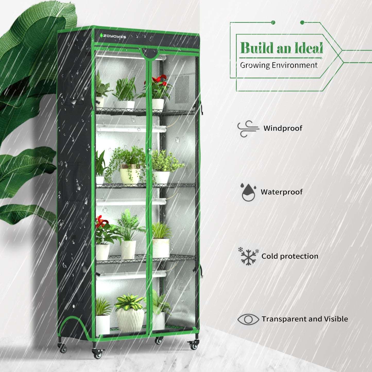 ZOYOYES Indoor Greenhouse with Grow Light,35.8" Lx17.8 Wx71.8 H,5-Layer Plant Shelf with 3-Color T8 Growth Lights,Plant Stand with Smart Timing Plug and thermohygrometer