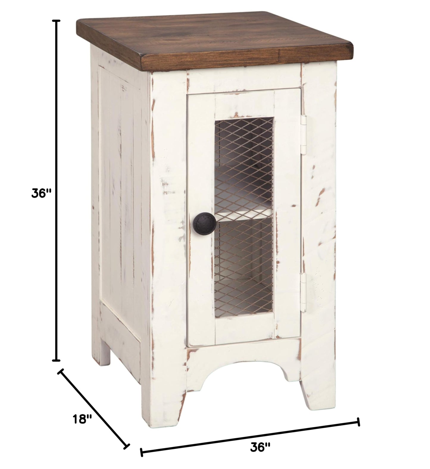 Signature Design by Ashley Wystfield Farmhouse Square Storage Coffee Table with Hinged Lift Top, Distressed White and Chair Side End Table with Cabinet Door for Storage, White & Brown