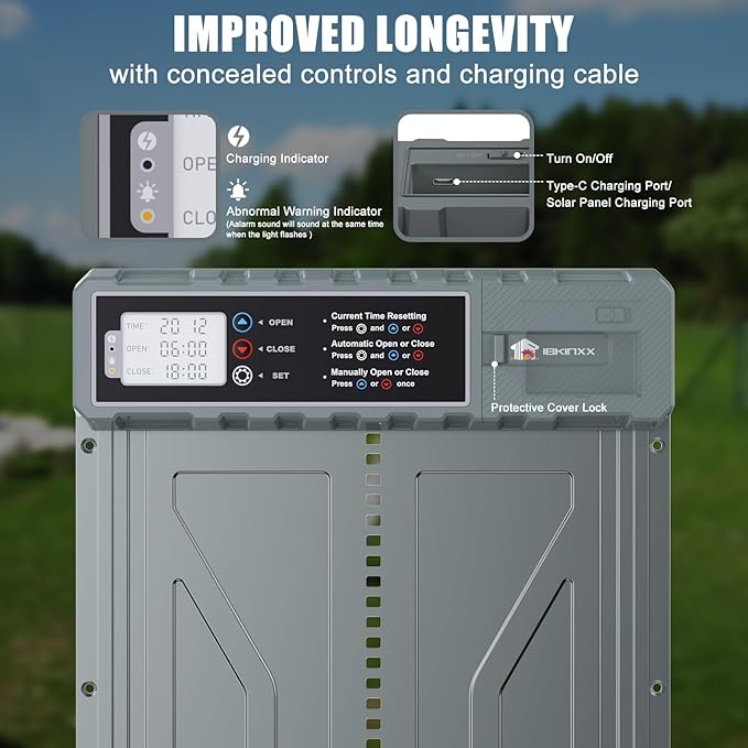 Automatic Chicken Coop Door Solar Powered with Timer, Remote Control, Anti-Pitch Aluminum Alloy Auto House Door for Chicken, Duck, Poultry, Weatherproof
