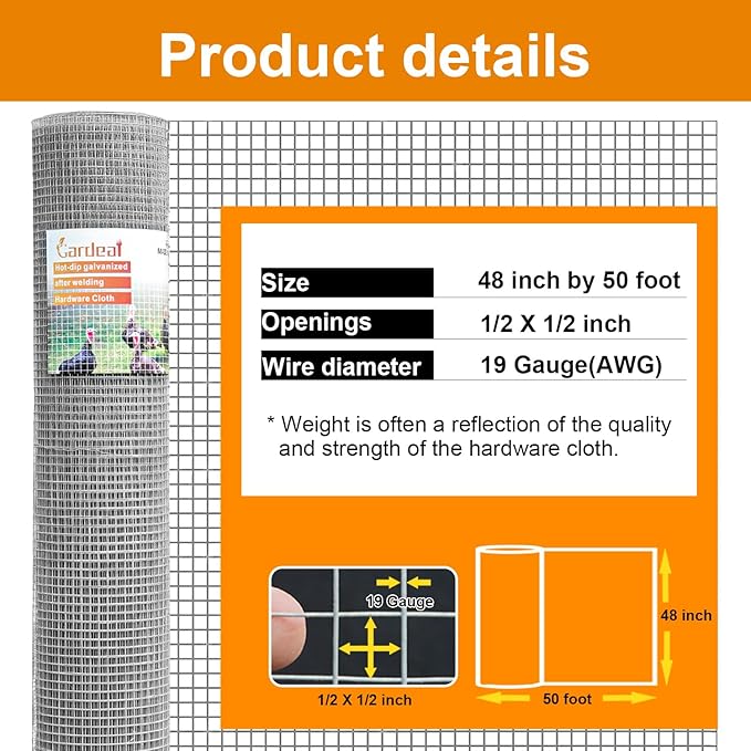 48in x 50ft 19 Gauge 1/2 Inch Hardware Cloth - Double Hot-Dipped Galvanized After Welding Steel Mesh - Duty Rust Proof Fencing for Gardens, Chicken Coops & Poultry Animal Netting Cage Screen