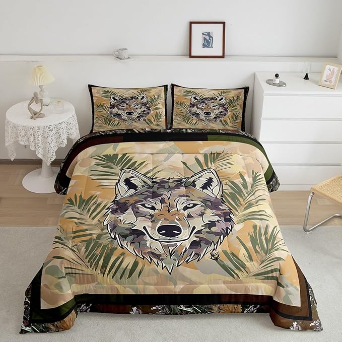 Erosebridal Fox Comforter Set Full Size Woodland Camo Down Comforter Army Green Camouflage Wild Animal Bedding Set for Boys Teen Men,Wildlife Nature Tree Branch Quilt Duvet with 2 Pillow Cases