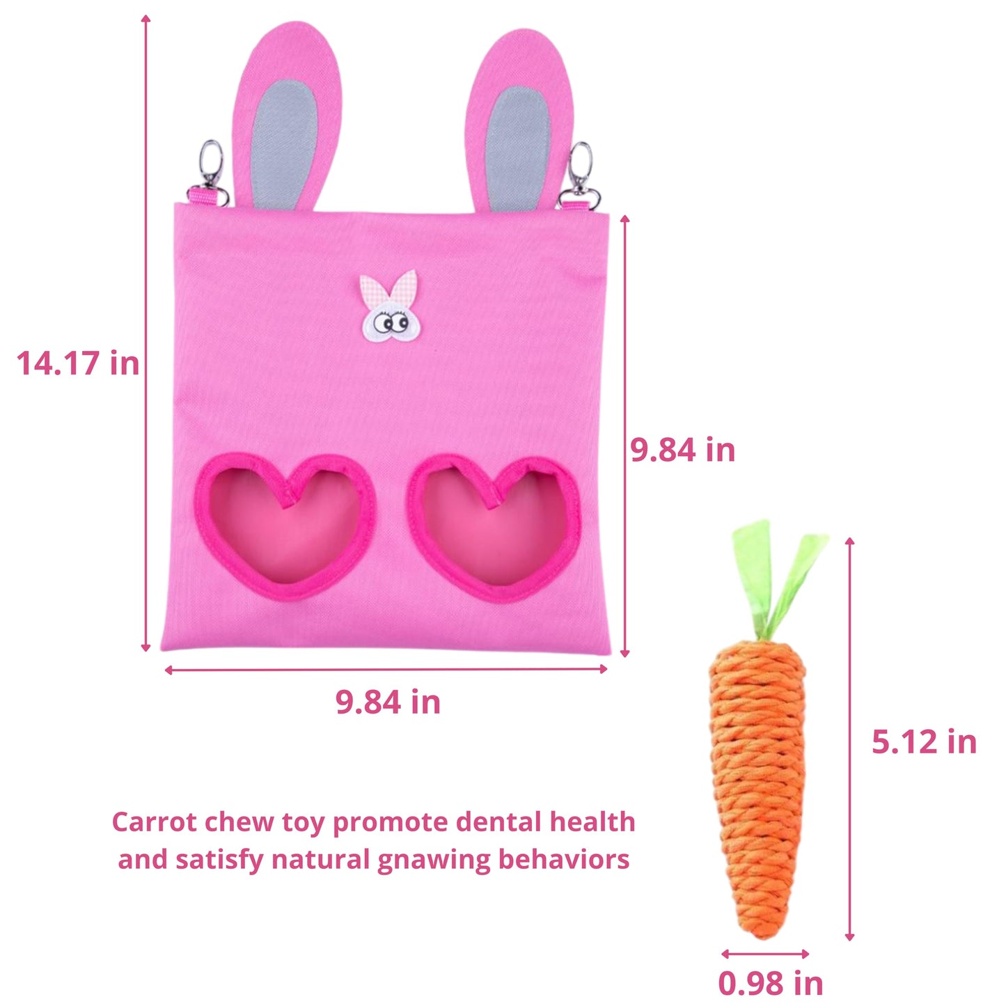 Hanging Rabbit Hay Feeder Bag with Chew Toys Set, Guinea Pig Hay Feeder, Bunny Feeders Holder Storage for Small Pets Bunnies Chinchilla Guinea Pigs Hamster Rats (Pink)