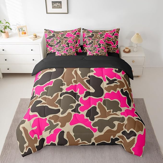 Feelyou Duck Hunter Hot Pink Camouflage Hunting 7 Pieces Bedding Set, King Size Black Brown All Season,Bed in a Bag with Comforter, Sheets, Pillowcases Camo Army Bed Set Breathable Wild Room Decor