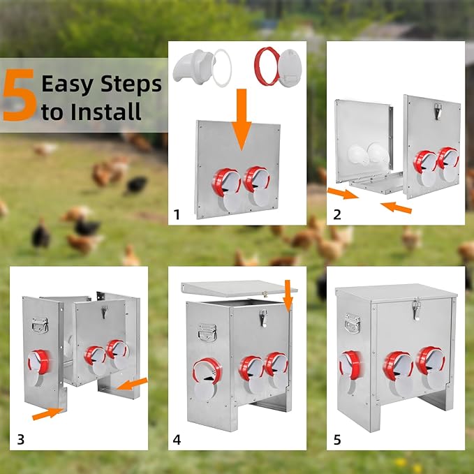 Automatic Poultry Chicken Feeder No Waste Metal Large Capacity 30 lbs Feeders for Chickens Ducks, Geese Bantams Pheasants Coop Weatherproof (6-Port)
