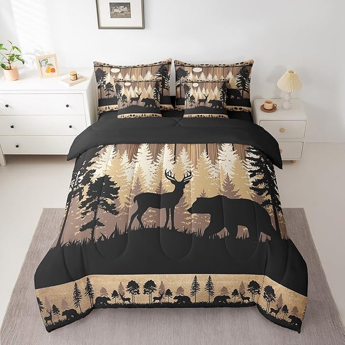 Feelyou Rustic Bear Deer Comforter Set 7 Pieces Wildlife Hunting Theme Bed in a Bag Wild Animal Bedding Set Twin Size Bedroom Decor Wooden Board Bed Set with Comforter, Sheet Set, Pillowcases