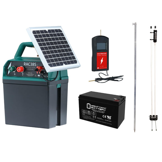 RentACoop Electric Poultry Netting Accessory Set - Includes - 0.38J Solar Fence Charger, 3' Grounding Rod, Gate Handle Kit, and Voltmeter Fence Tester