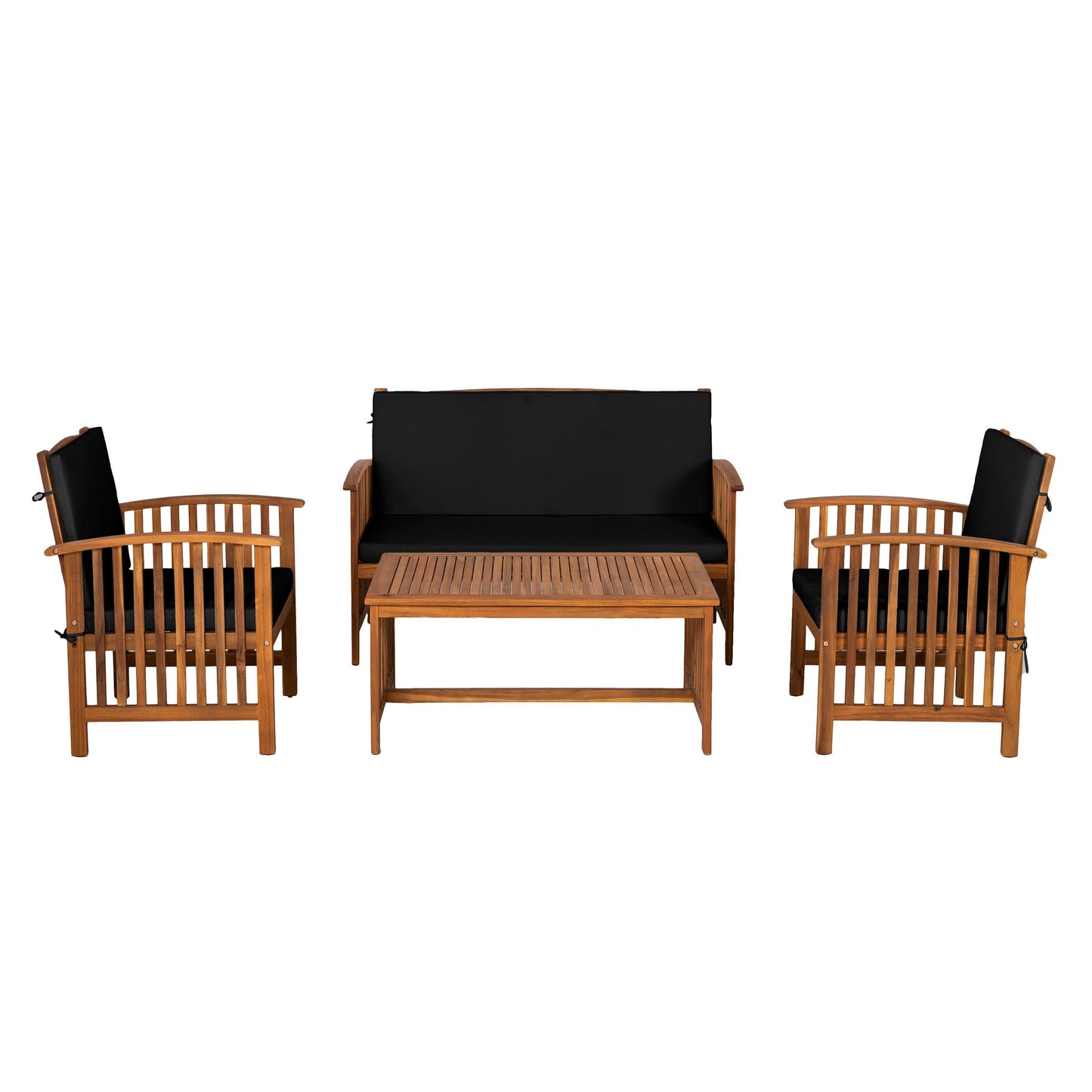 Greemotion Kyushu Farmhouse Acacia Wood 4-Piece Patio Set with Weather-Resistant, Include Tie-Back Cushions for Deck, Backyard, Lawn, Garden, Black and Natural Brown