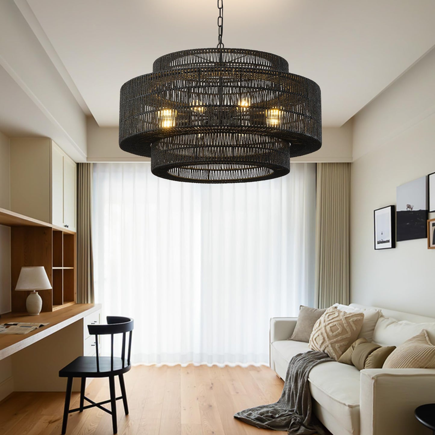 Giutna 31.5"Large Boho Rattan Farmhouse Chandeliers for Dining Room,8-Light Rattan Hand-Woven Rustic Drum Chandelier Pendant Light Fixture for Kitchen Island Bedroom Living Room Entryway Foyer(Black)