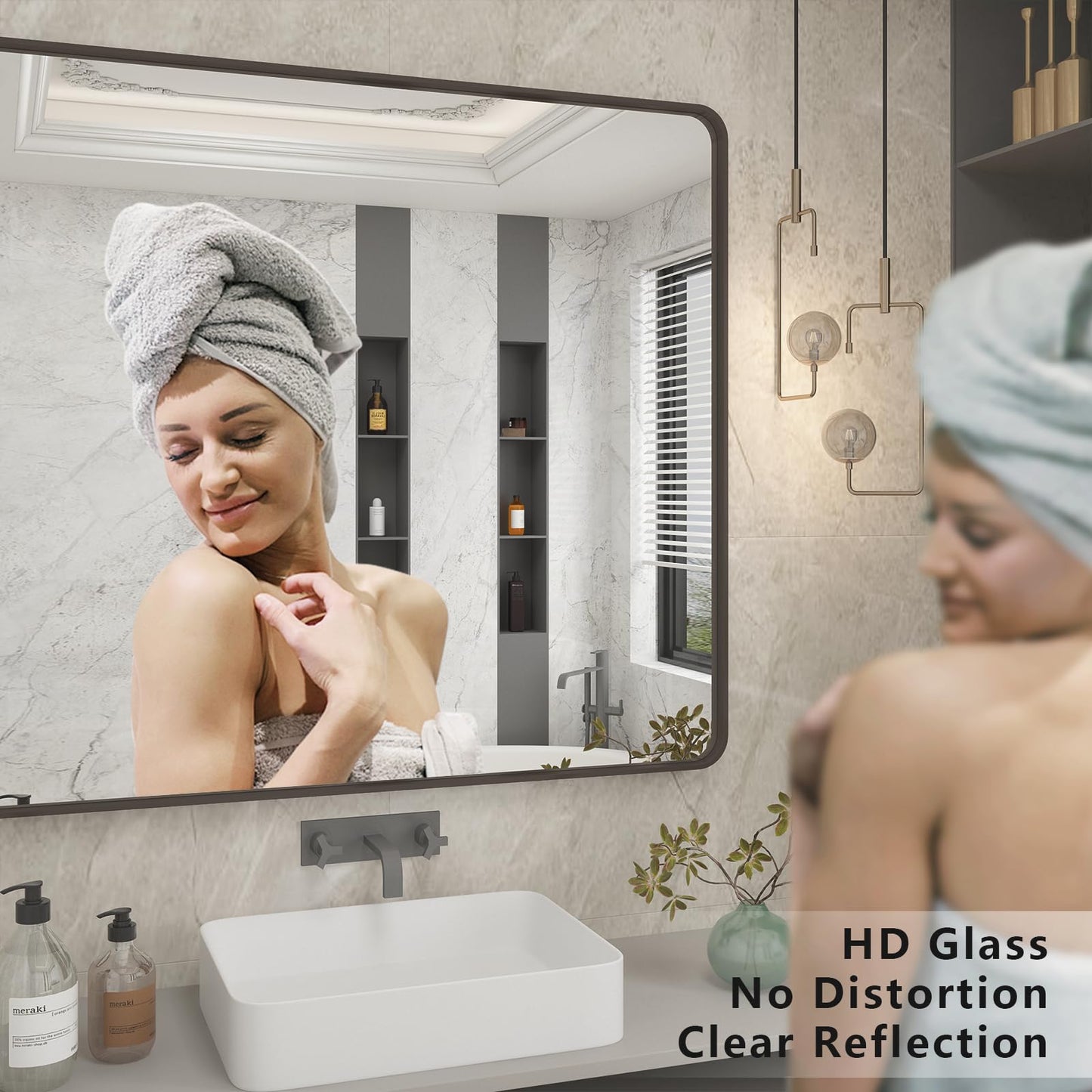 CHARMOR 66x36 Inch Bronze Bathroom Mirror, Brushed Bronze Metal Frame Mirrors for Wall, Rounded Rectangle Bronze Mirror for Vanity,Farmhouse, Bedroom, Anti-Rust (Horizontal/Vertical)