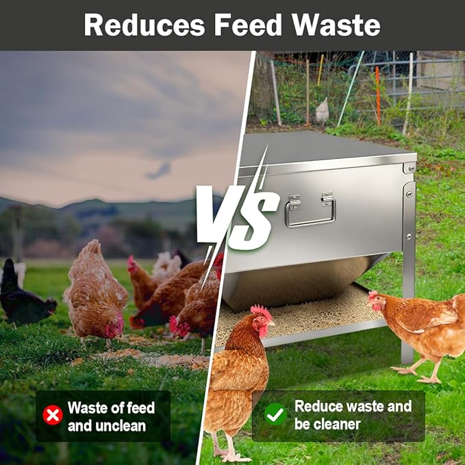 Stainless Steel Chicken Feeder No Waste, 60LBS Large Capacity Poultry Feeder, Adjustable Metal Chicken Coop Feeder with Lid and Handle