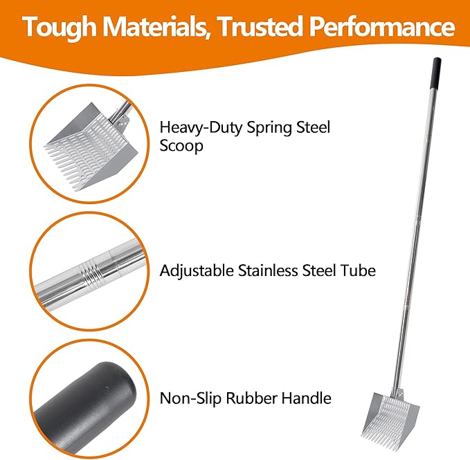 Chicken Poop Scooper Tempered Spring Steel Chicken Poop Shovel Heavy Duty 38 to 66" Adjustable Sifting Shovel for Chicken Coop with Long Stainless Steel and Rubber Handle