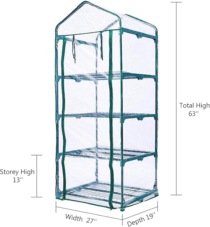 Worth Garden 4 Tier Mini Greenhouse - 63'' H x 27'' L x 19'' W - Sturdy Portable Gardening Shelves with PVC Cover - Small Green House Use in Indoor & Outdoor for Plants Flowers