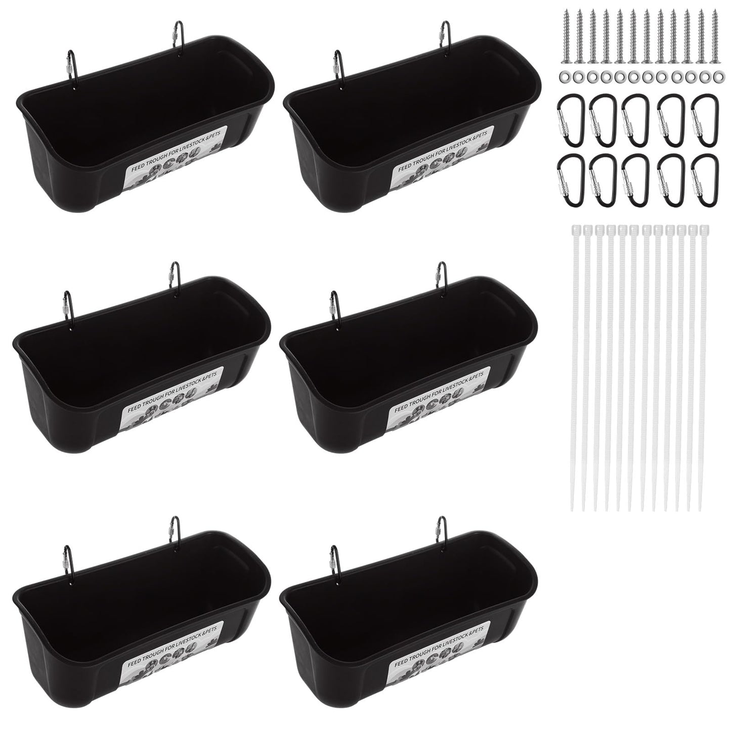 LOPYXBR 6 PCS Black Goat Feeder Hanging Pig Feeder with Clips 5 Quart Chicken Feeder Trough Poultry Feeder Hanging Goat Mineral Feeder Chicken Coop Feeder and Waters for Livestock, Pets, Poultry