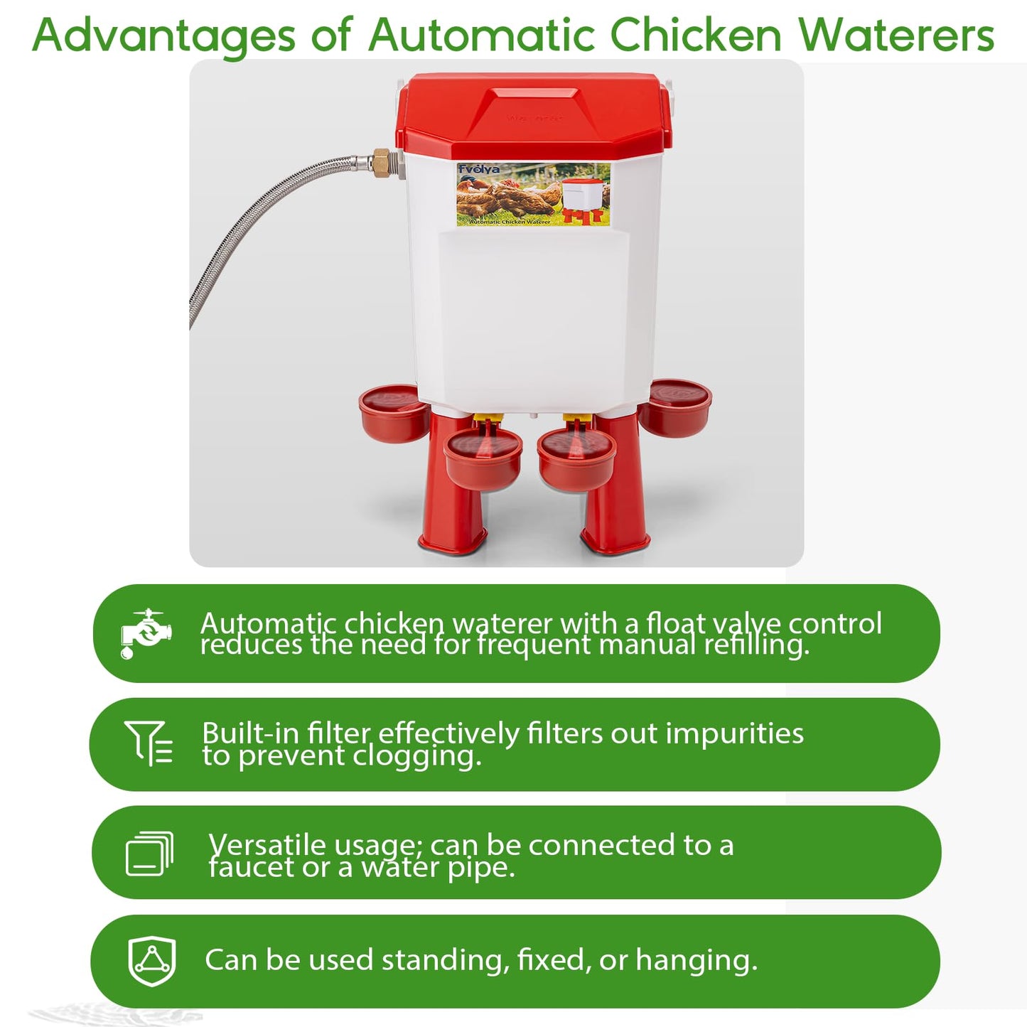 Automatic Chicken Waterer Filtered Float-Controlled Large Chicken Water Feeder Poultry Waterer Kit with Stainless Steel Metal Hose