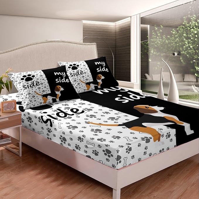 Erosebridal Lovely Dog Paw Bed Sheet Twin,Cute Puppy Bones Sheet Set for Kids Boys Girls,Black and White Animal Bedding Set Bedroom Decor,Dog Side My Side Fitted Sheet + Flat Sheet + 1 Pillowcase