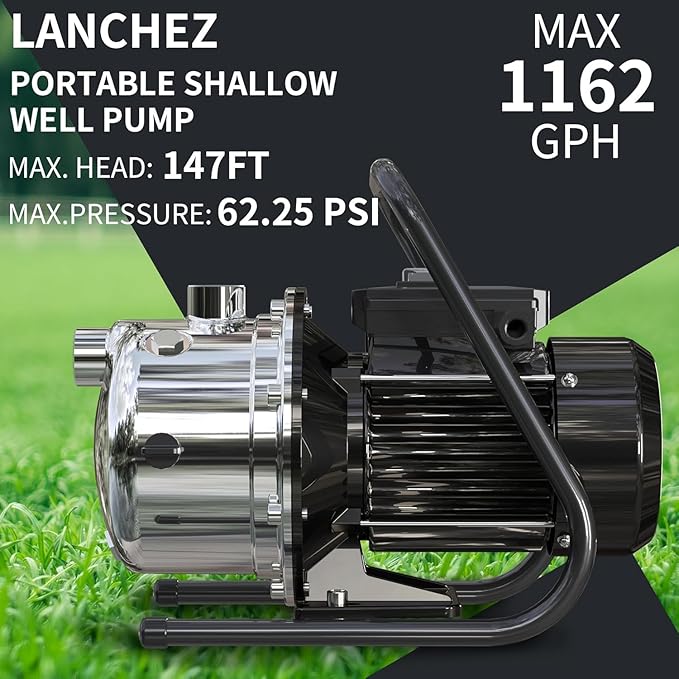 LANCHEZ 1.6 HP Portable Shallow Well Pump, 1162 GPH Stainless Steel Sprinkler Pump, 115V Water Transfer for Garden Draining and Lawn Irrigation