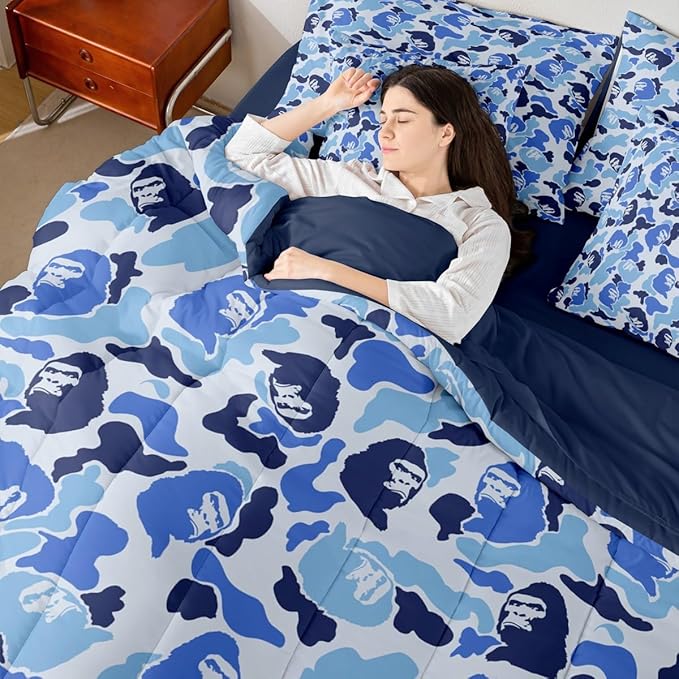Camo Comforter Set Queen Size 7 Pieces Camouflage Bedding Set for Kids Boys Girls Camo Monkey Bed in a Bag with Comforter, Sheets, Pillowcases, Cushion Covers Hunting Bedroom Decor Blue and Black