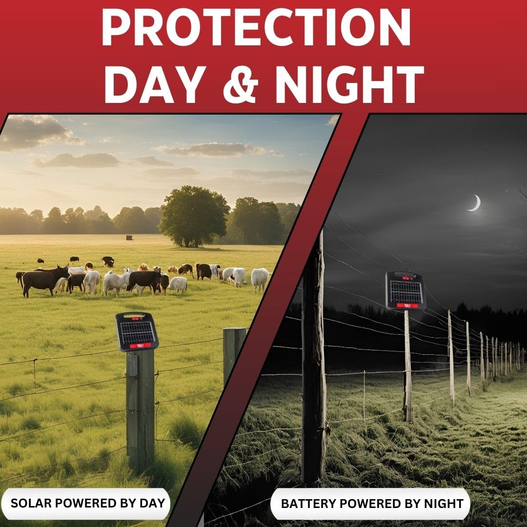 Solar Electric Fence Charger for Day and Night Power | Red Sizzle 1S | 0.25 Joule | Portable Solar Energizer for Livestock, Keep Out Predators