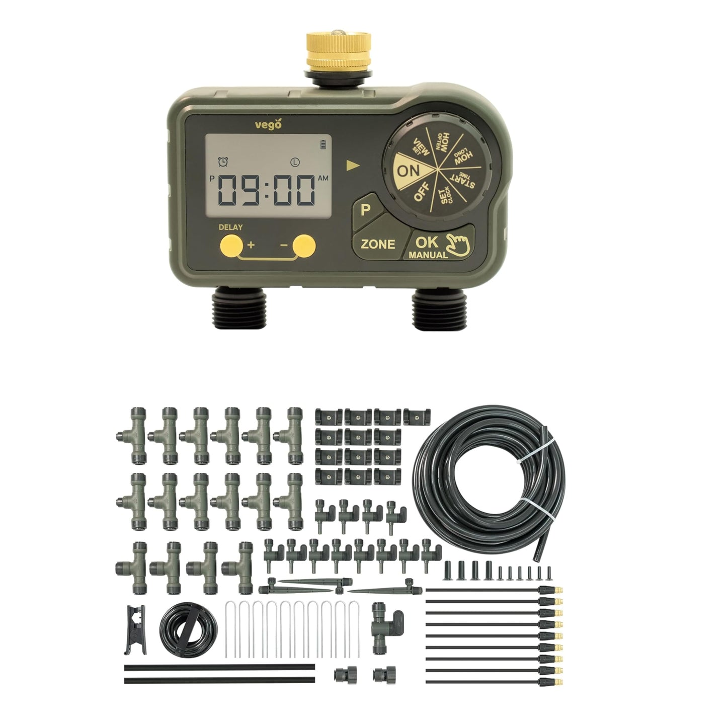 2 Zone Watering Timer with Brass Inlet & 40ft Drip Irrigation System for Raised Garden Beds