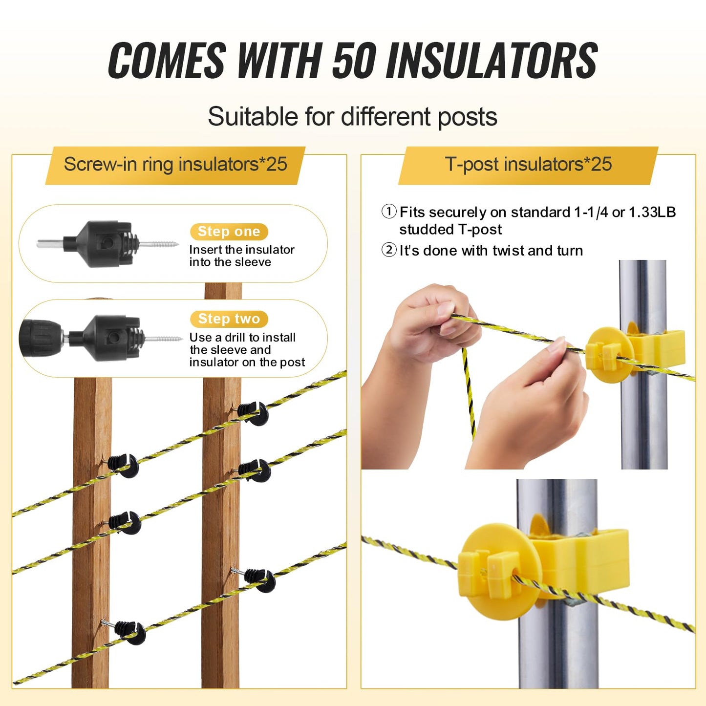 VEVOR Electric Fence Wire, 1640Ft 500M Portable Polywire, 1/8" Diameter 6 Stainless Steel Strands, Fencing Rope Line with 25 Fence Insulators and 25 T-Post Insulators, for Horse, Cattle, Livestock