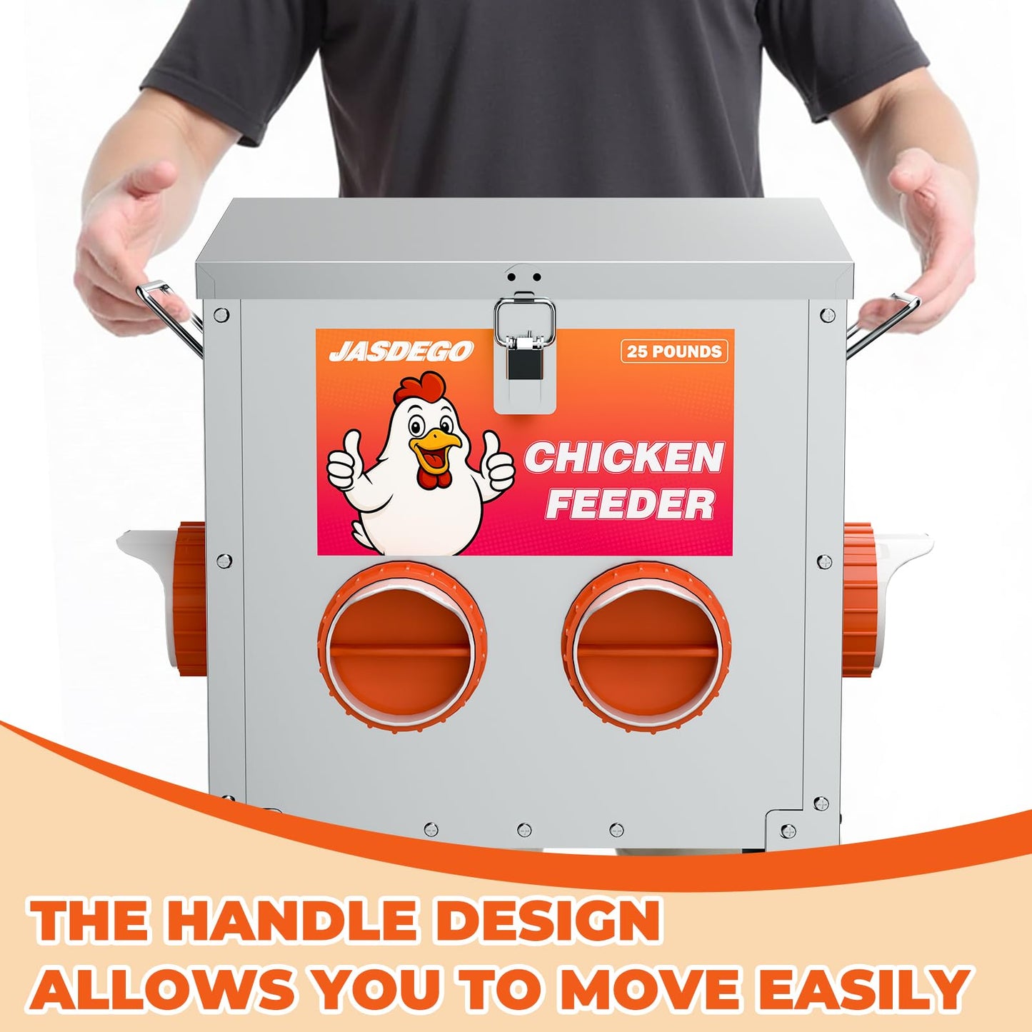 JASDEGO 4 Ports Metal Chicken Feeder No Waste 25 Pounds Automatic Poultry Feeder with Latch & Handle for Chickens Bantams Pheasants Poultry Coop Rodent Proof
