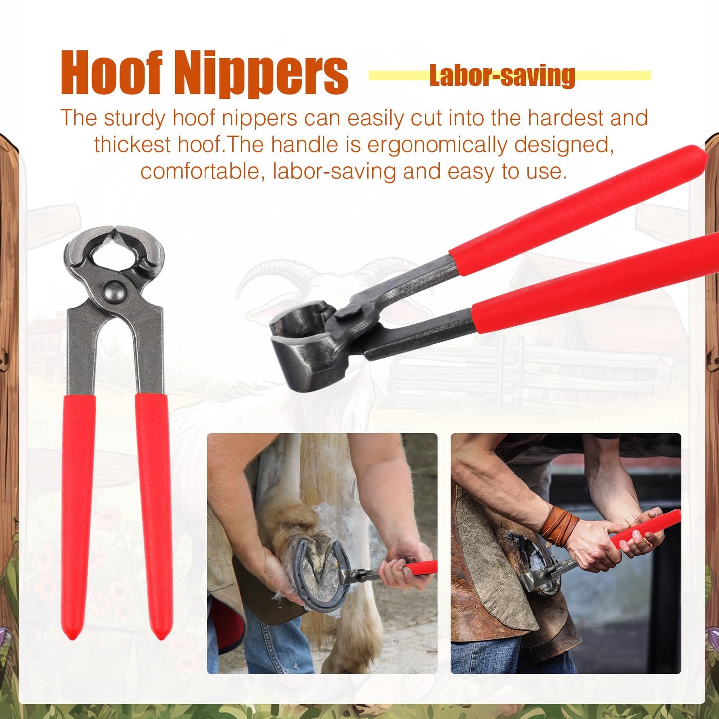 WILLBOND 9 Pcs 8 Inch Farrier Tools Kit Horse Goat Hoof Trimmer Metal Shears Farriers Hoof Nipper Cutter Handle Knife Gloves Brush Goat Supplies with Storage Bag