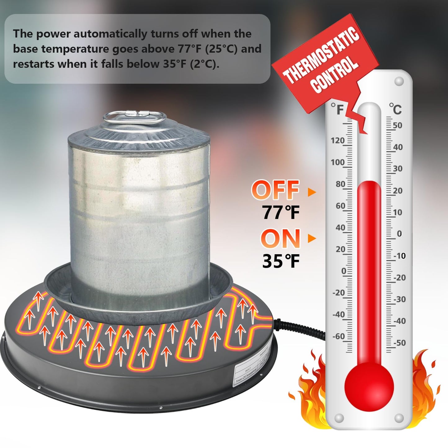 Chicken Water Heater for Winter - 15.35" Poultry Waterer Heated Base, 125W Drinker Heater Base with Thermostat to Prevent Water Freezing in Metal or Plastic Drinkers
