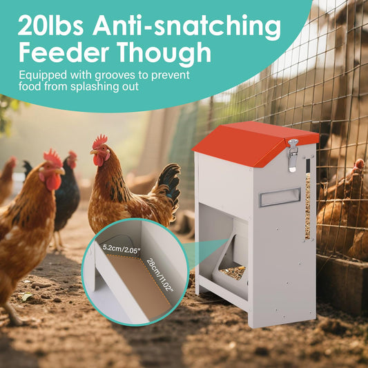 PAUQRWIE Chicken Feeders No Waste 20lbs Large Automatic Poultry Feeder with Lid Auto Feeding Though Dispenser for Duck Turkey Pheasant Chicken Coop Feeder System