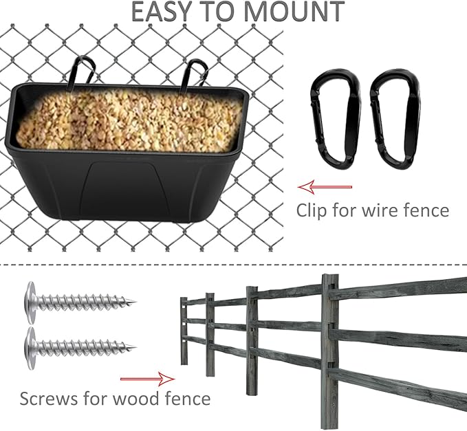 Hanging Chicken Feeder Trough for Goat Sheep Deer Poultry Duck Chicken Fence Feeder Livestock Feeding Container Goats Supplies Feeders Waterer Bucket (Black and White)