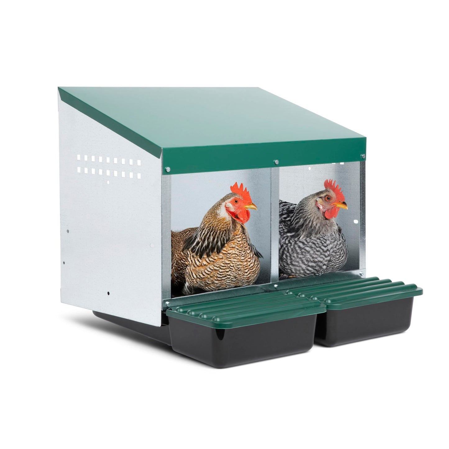 Homestead Essentials Compact Style 2 Compartment, Forward Rollout & Rollaway, Hen & Chicken Nesting Box with Protective Egg Laying Collection Lids