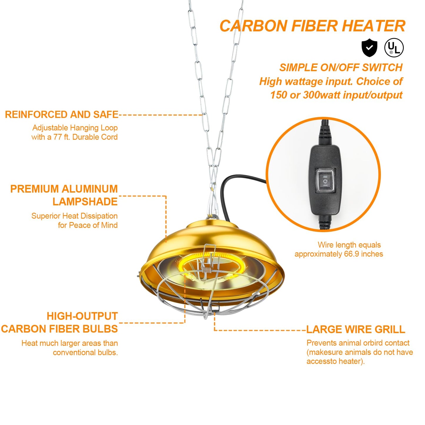 Heat Lamp for Chicken Coop, 300 Watts chicken coop heater with Adjust 2 Mode temperature &Hanging Height, Waterproof ,For Indoor & Outdoor Used, Suitable for Amphibians,Chick, Duck,Pets (300W)