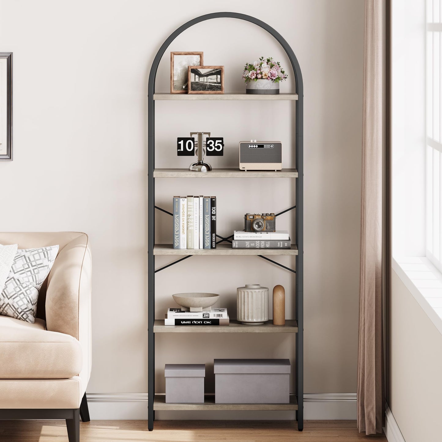 IDEALHOUSE Bookshelf 5 Tier Bookcase Arched Display Racks Tall Standing Bookshelves Metal Frame Modern Storage Rack Shelf Large Wood Book Shelf for Bedroom, Living Room, Home Office