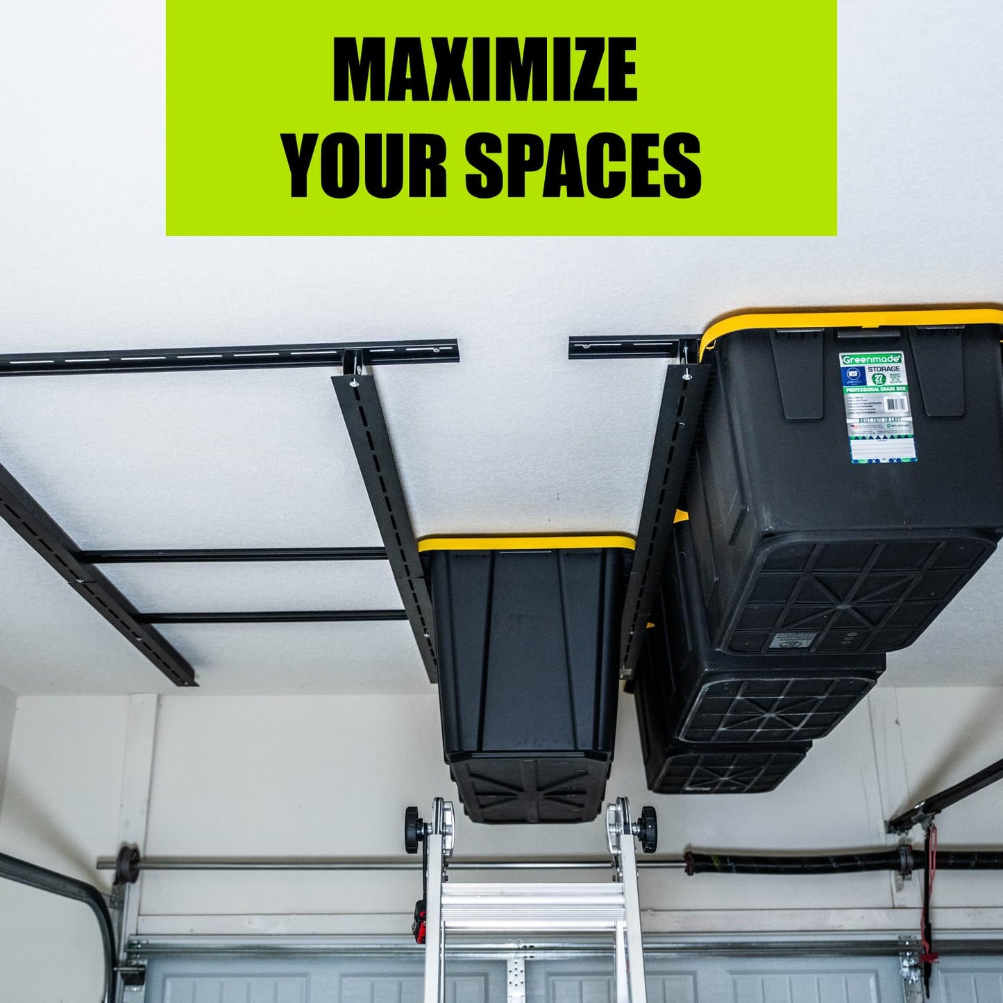 GARAGE STORAGE TOTE SLIDE RACK Overhead Tote Storage Rail System, Garage Ceiling Bin Storage Rack Heavy Duty Adjustable Tote Slide Garage Storage System, NEGRO, MR0001