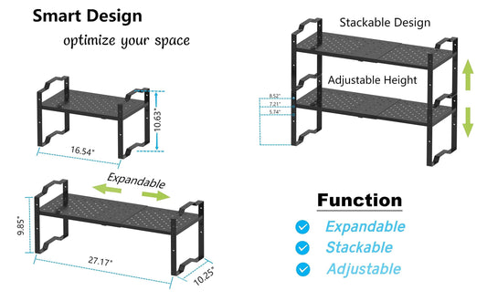 Jojocross Expandable Shelf Cabinet Organizer Adjustable Stackable Spice Rack at Kitchen Bathroom More, Countertop Cupboard Organization Pantry Storage,Metal Plate with Hole (3 Packs/Black, L)