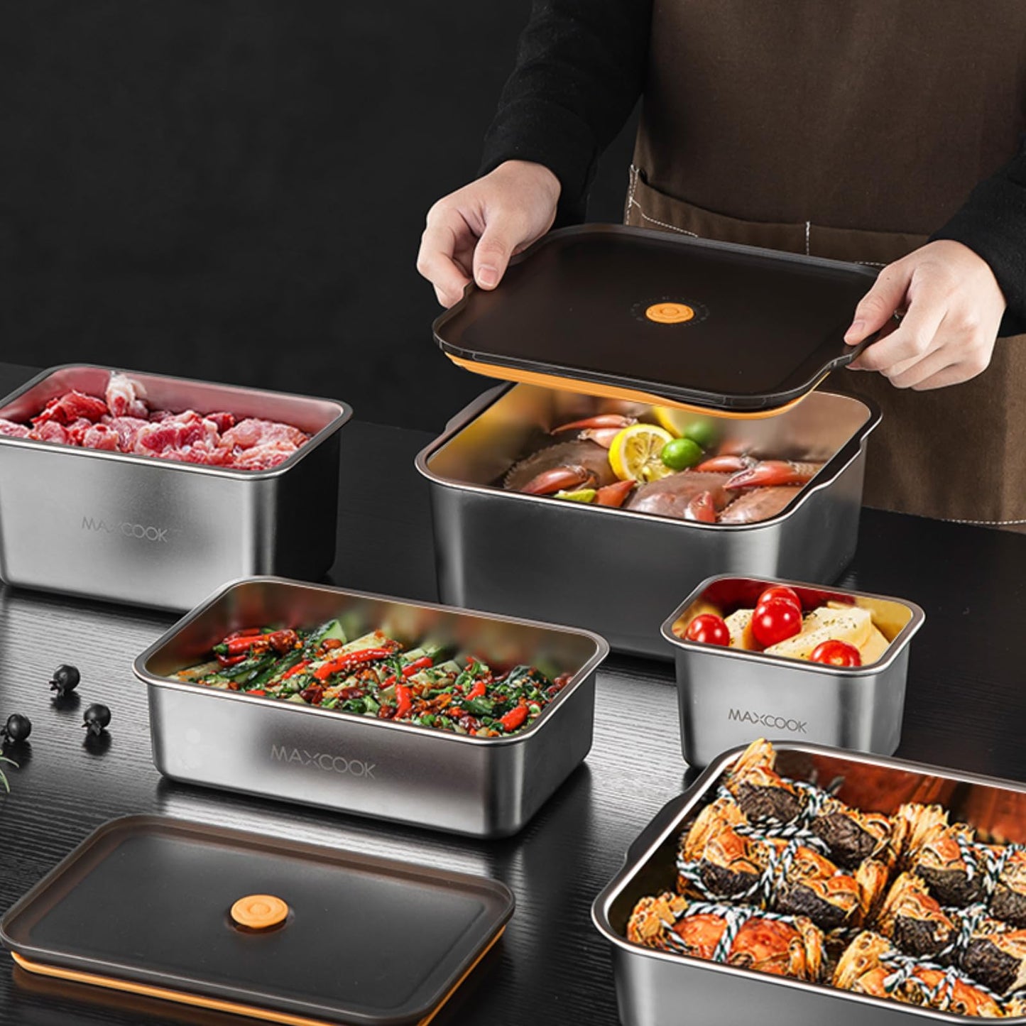 MAXCOOK Stainless Steel Food Containers with Lids, 18.6 oz & 71 oz Food Storage Container set, Metal Food Container Bento Box, Snack Container set with Lid,Dishwasher & Freezer Safe(2100 ml & 550 ml)