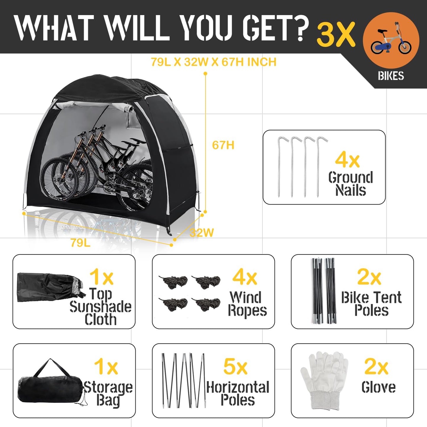 Bike Tent Outdoor Storage Shed,Waterproof 5000PU 210D Oxford Fabric,Top Reinforcement,Portable Outside Bicycle Storage Shelter Fits for 2-3 Bikes,Motorcycle,Mower,Garden Tools,79"x32"x67"
