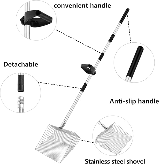 16-inch Large Chicken Poop Scooper with Ergonomic Grip, 4 in 1 Adjustable Chicken Coop Litter Scoop (31 to 77"), Multifunctional Litter Sifting Shovel Scoop- for Chicken Coop/Goat Stall/Stable