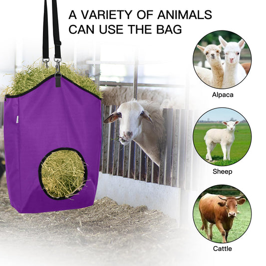 MIYABALA 3 Packs Goat Hay Feeder,Hay Bags for Goats,Horses,Sheep,Premium 600D Oxford Cloth,with Metal Fastener and Adjustable Open Feed Hole for Slow Feeding. (2Purple + 1Black)