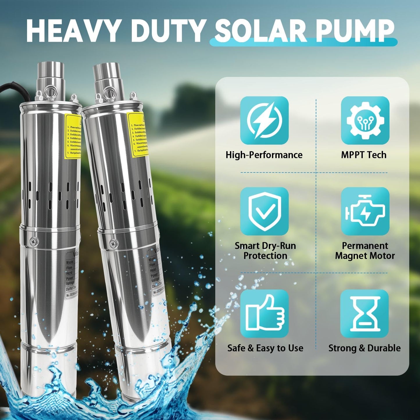 500W DC 48V 3" Solar Deep Well Pump Complete Kit - with MPPT Controller, 8.8FT Cable - Stainless Steel Submersible Pump - Max head 393FT, 7.9GPM Flow, 1" Outlet for Industrial Irrigation Water Tank